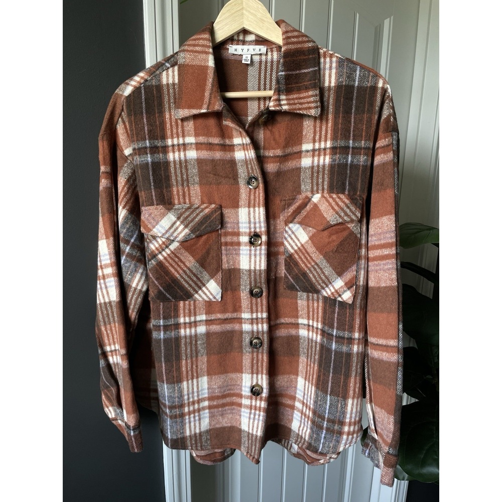 HYFVE Flannel Shacket Plaid Button Front Jacket Rust Brown Pockets Relaxed S